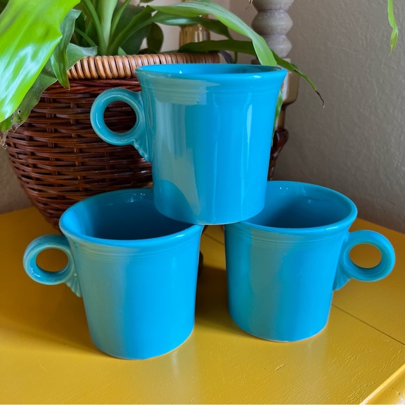Set of Three Vintage Fiesta Turquoise Teal Ring Handle Coffee Mugs - Picture 1 of 6